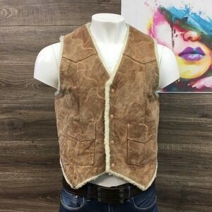 Vintage Suede Leather Western Vest Mens Medium‎ Faux Shearling Brown